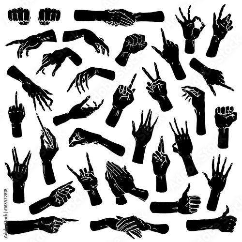 Gestures arms stop, palm, thumbs up, finger pointer, ok, like and pray or handshake, fist and peace or rock n roll. engraved hand drawn in old sketch style, vintage collection of emotion and signs.