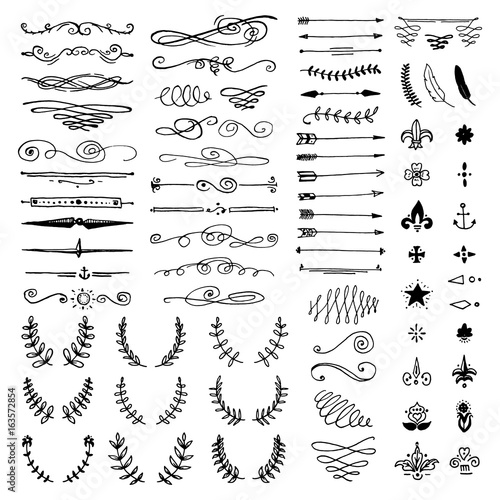 Huge pack or set engraved hand drawn in old or antique sketch style, vintage flourishes calligraphic design elements decorations. logo or emblems, retro label and badge. ornaments and monograms.