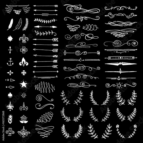 Huge pack or set engraved hand drawn in old or antique sketch style, vintage flourishes calligraphic design elements decorations. logo or emblems, retro label and badge. ornaments and monograms.