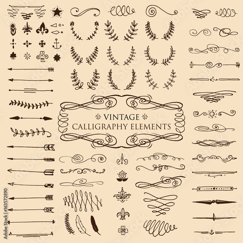 Huge pack or set engraved hand drawn in old or antique sketch style, vintage flourishes calligraphic design elements decorations. logo or emblems, retro label and badge. ornaments and monograms.