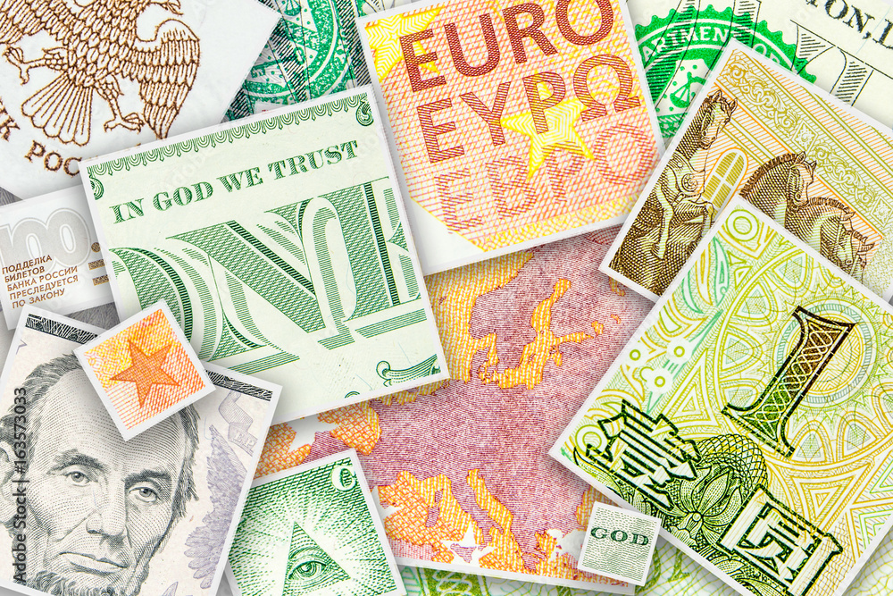 four main world currencies banknotes in square collage