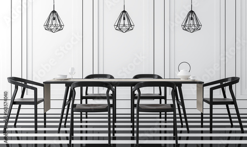 Wallpaper Mural Modern vintage dining room with black and white 3d rendering image .There is a black and white floor. Wall decor with black groove and finished with black wood furniture. Torontodigital.ca