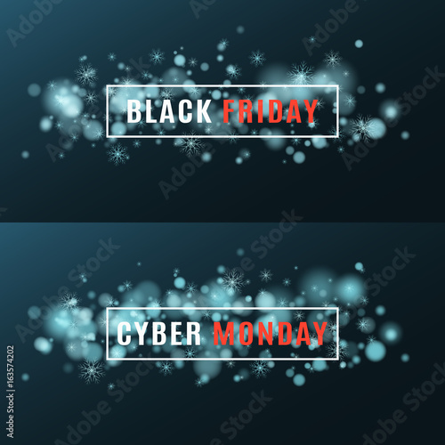 Black Friday and cyber Monday. Super sale. Set of backgrounds. Cover for your project. Falling snowflakes and a flash with flares of blue. White banner