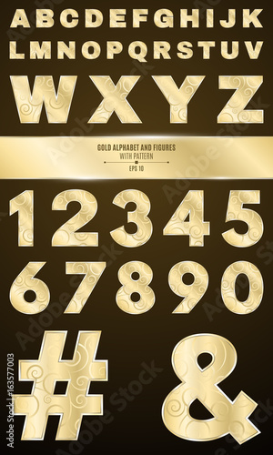 Gold alphabet for shows and presentations. Gold numbers and letters with a pattern. Metallic symbols