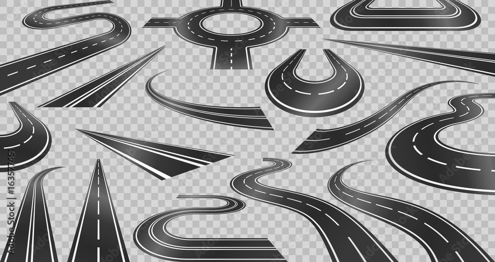 Set of curved road with white markings on a plaid background.