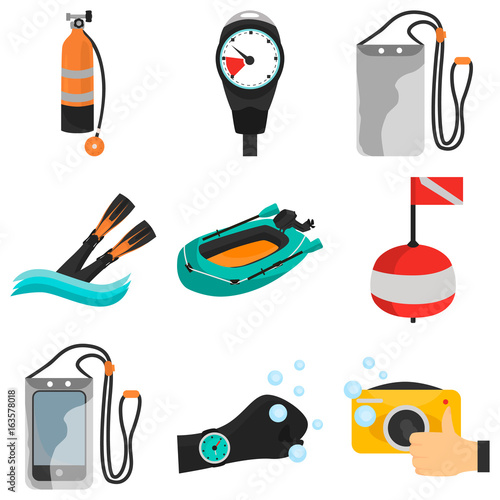 Set of diving color flat icons for web and mobile design