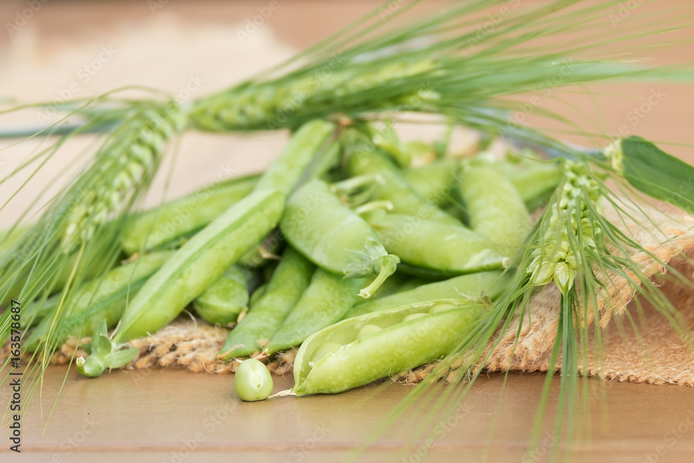 Green peas lies on the fabric and surrounded by ears of wheat. Soft focus Green peas lies on the fabric and surrounded by ears of wheat. Soft focus
