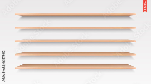 Set of Wood Shelves Vector Isolated on the Wall Background