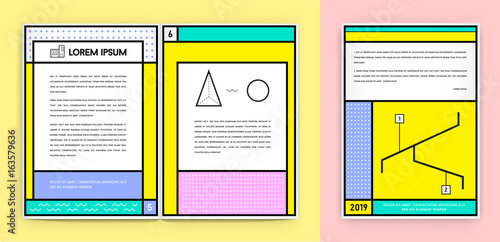 Set of Visual identity in Trendy New Fat Line Style Geometric Design in Retro Style with Fresh Old School Colours with Fictitious names and text