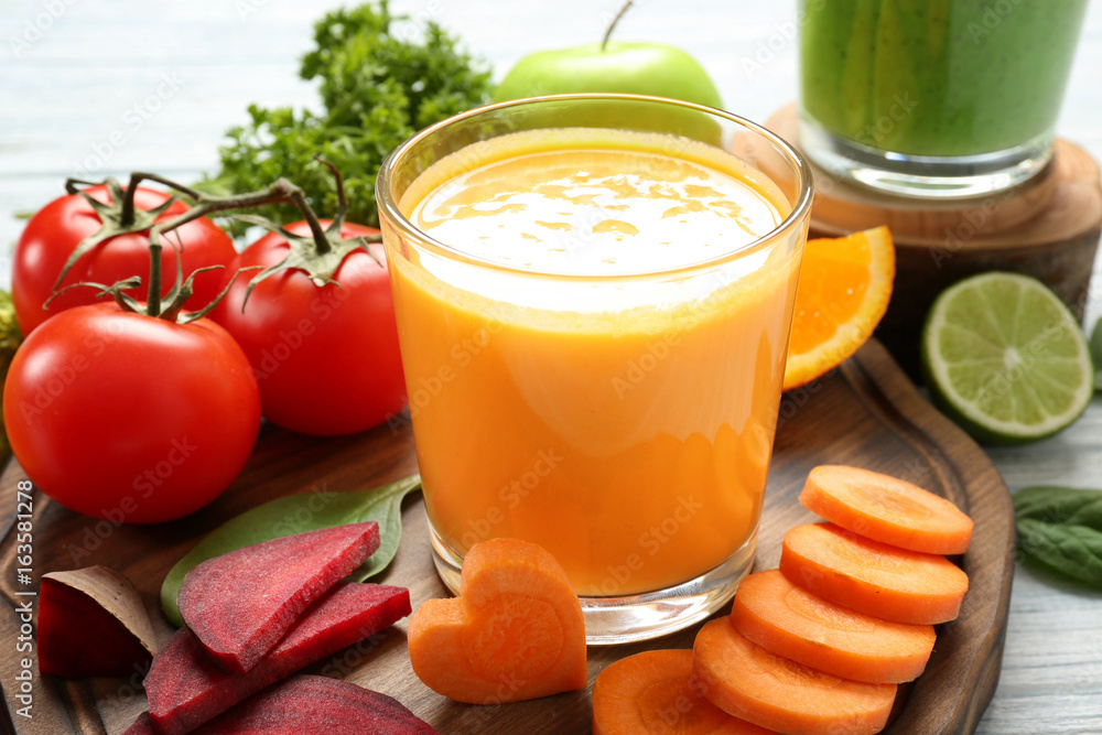 Fresh smoothies, vegetables and fruits on table Fresh smoothies, vegetables and fruits on table