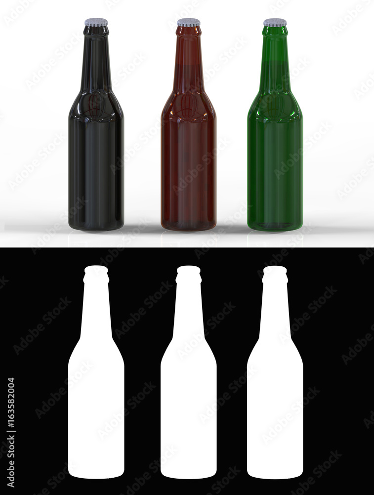3d illustration. set of black, brown and green beer bottle on white background with alpha mask 3d illustration. set of black, brown and green beer bottle on white background with alpha mask
