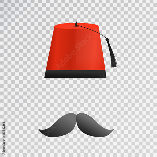 Vector isolated cartoon Turkish hat Fez and mustache on the transparent background for decoration.