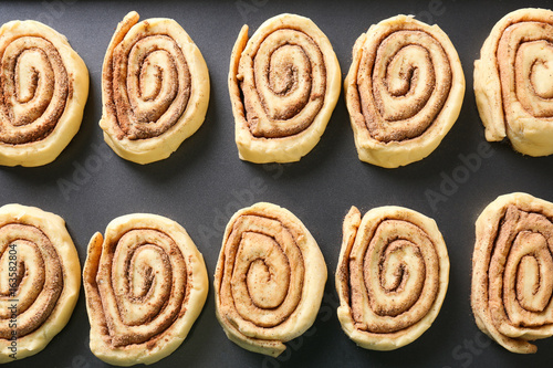 Closeup view of raw cinnamon rolls