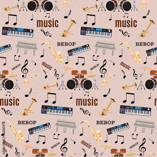 Tablou pe pânză Vector seamless pattern with bebop jazz music instruments