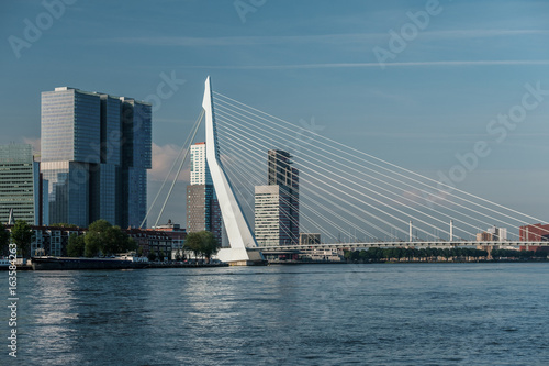 Rotterdam city cityscape skyline with Erasmus bridge and river. South Holland, Netherlands.