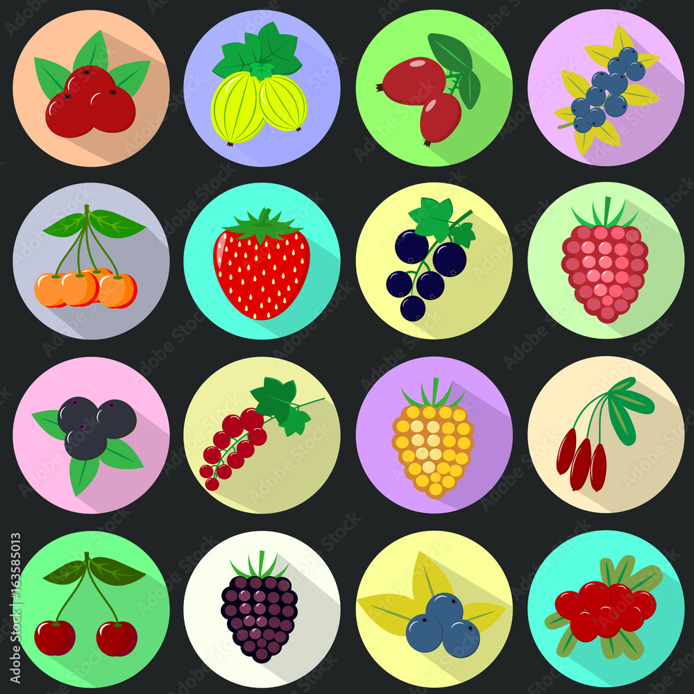 Icons of different fruits and berries, placed in colored circles with a shadow, collected in a set on a dark background.