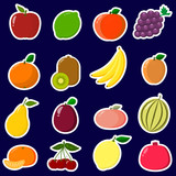 Icons Stickers  of fruit with a white outline, in a set on a dark background.