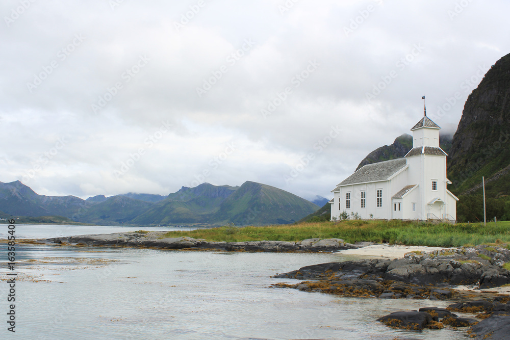 Vesteralen white church near the sea