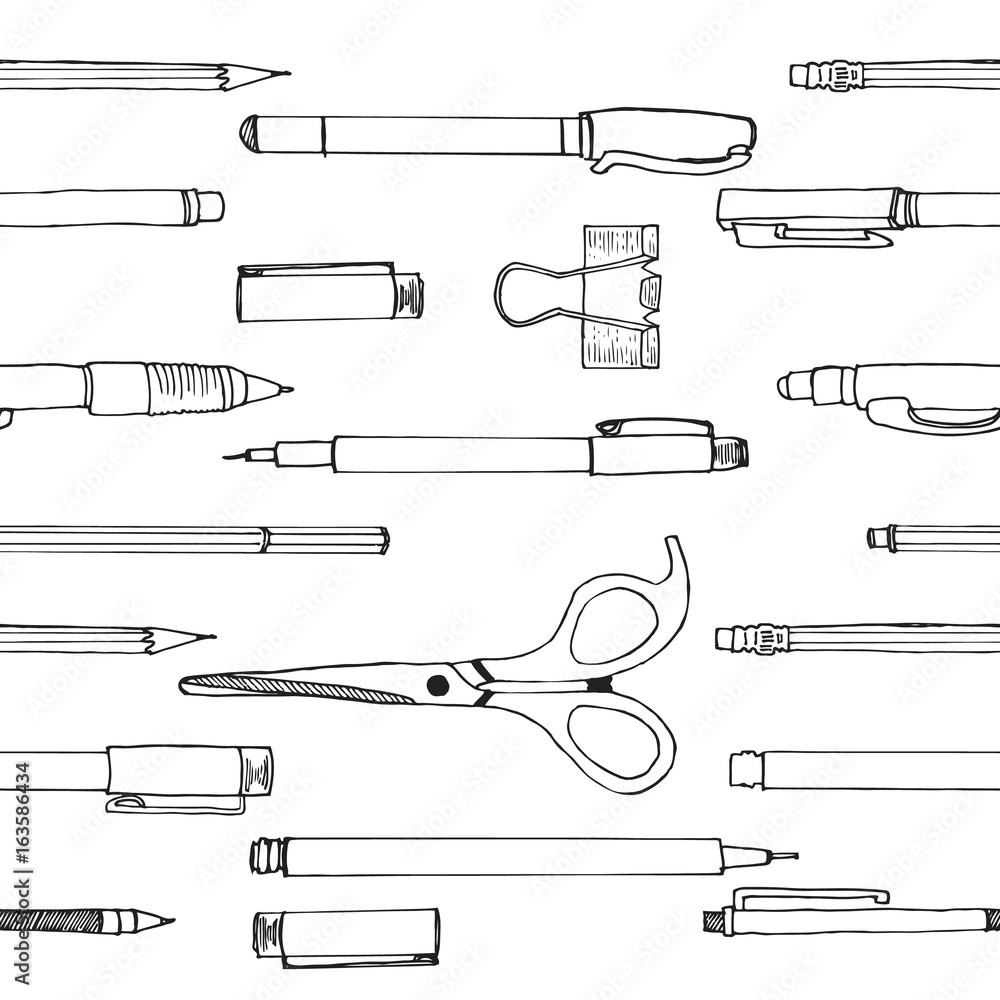 SEAMLESS PATTERN of hand drawn stationery in cartoon style. Sketch of writing items. Doodle writing supplies, pen, pencil, scissors. Cool elements for infographic, web design, background. School SEAMLESS PATTERN of hand drawn stationery in cartoon style. Sketch of writing items. Doodle writing supplies, pen, pencil, scissors. Cool elements for infographic, web design, background. School