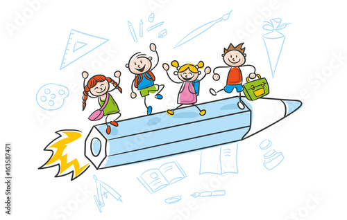 Strichfiguren Kinder bunt Schulstart Schulanfang Einschulung Vektor