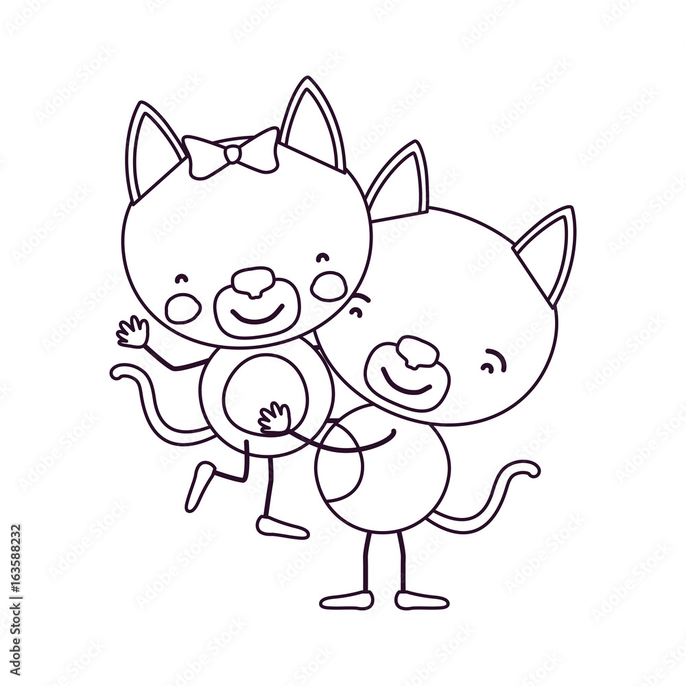 sketch contour caricature with couple of kittens one carrying the other cute animals love vector illustration
