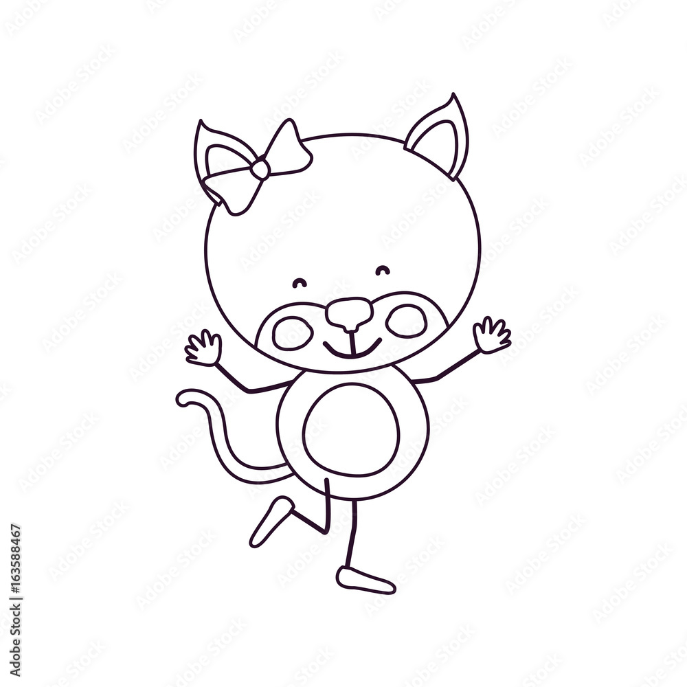 sketch contour caricature of cute expression female kitten in dance pose with bow lace vector illustration