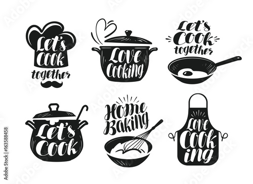 Cooking, cookery, cuisine label set. Cook, chef, kitchen utensils icon or logo. Handwritten lettering, calligraphy vector illustration