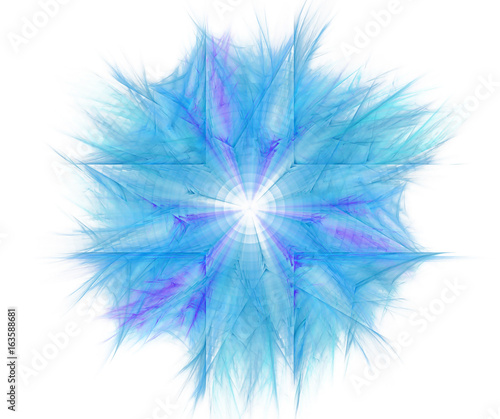 White abstract background with fractal star background. Blue cross shaped pattern with rays and frost effect.