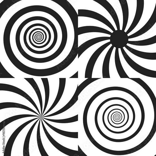 Set of Psychedelic spiral with radial rays, twirl, twisted comic effect, vortex backgrounds. Vector illustration. Design elements.