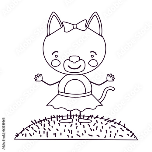 sketch contour scene sky landscape and grass with caricature cute expression female cat in skirt with bow lace vector illustration