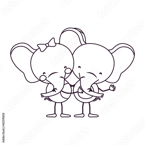sketch contour caricature with couple of elephants embraced vector illustration