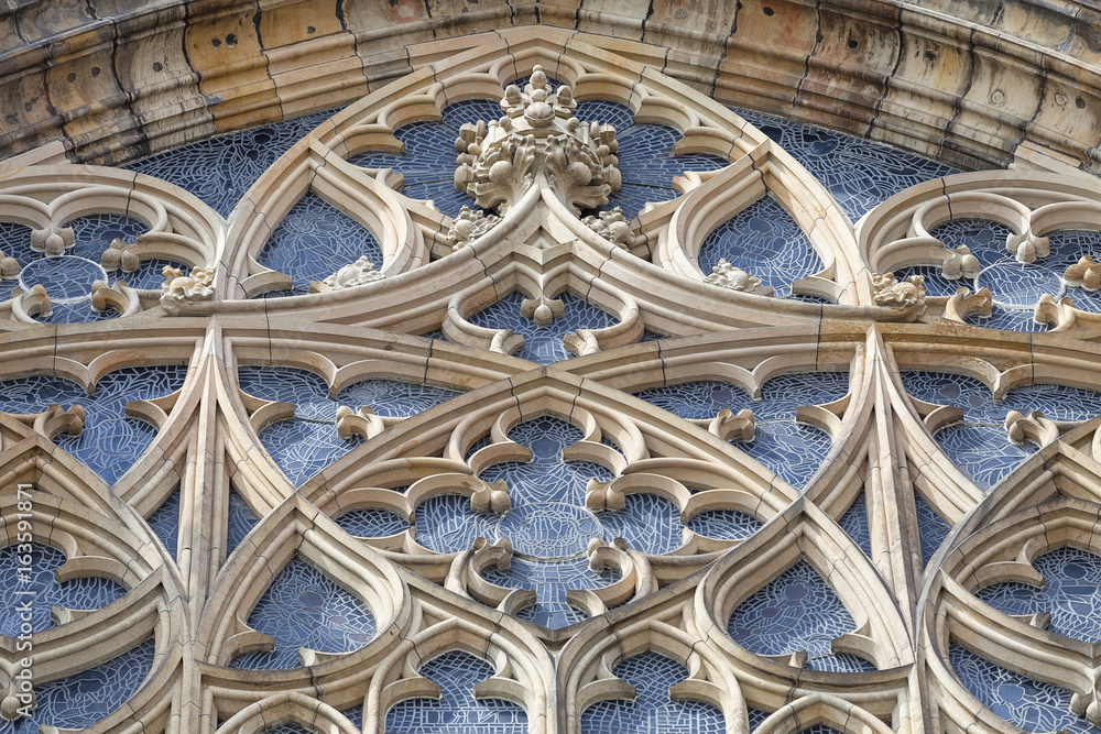 14th century St. Vitus Cathedral , rose window, facade, Prague, Czech Republic 14th century St. Vitus Cathedral , rose window, facade, Prague, Czech Republic