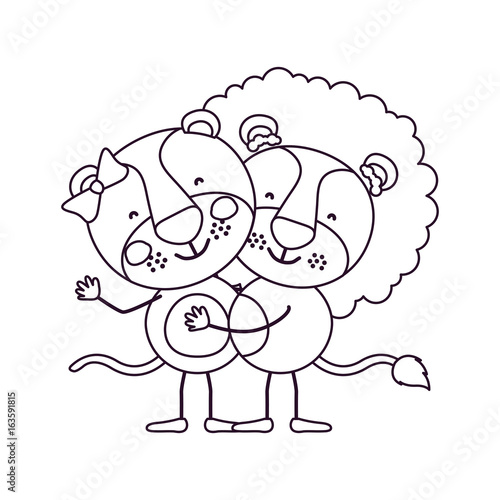 sketch contour caricature with couple of lioness and lion embraced vector illustration