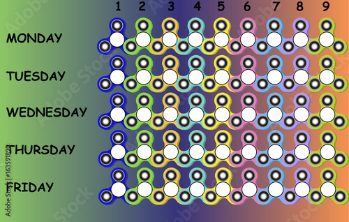 School timetable with colorful fidget spinners for kids and teenagers, vector time sheet.