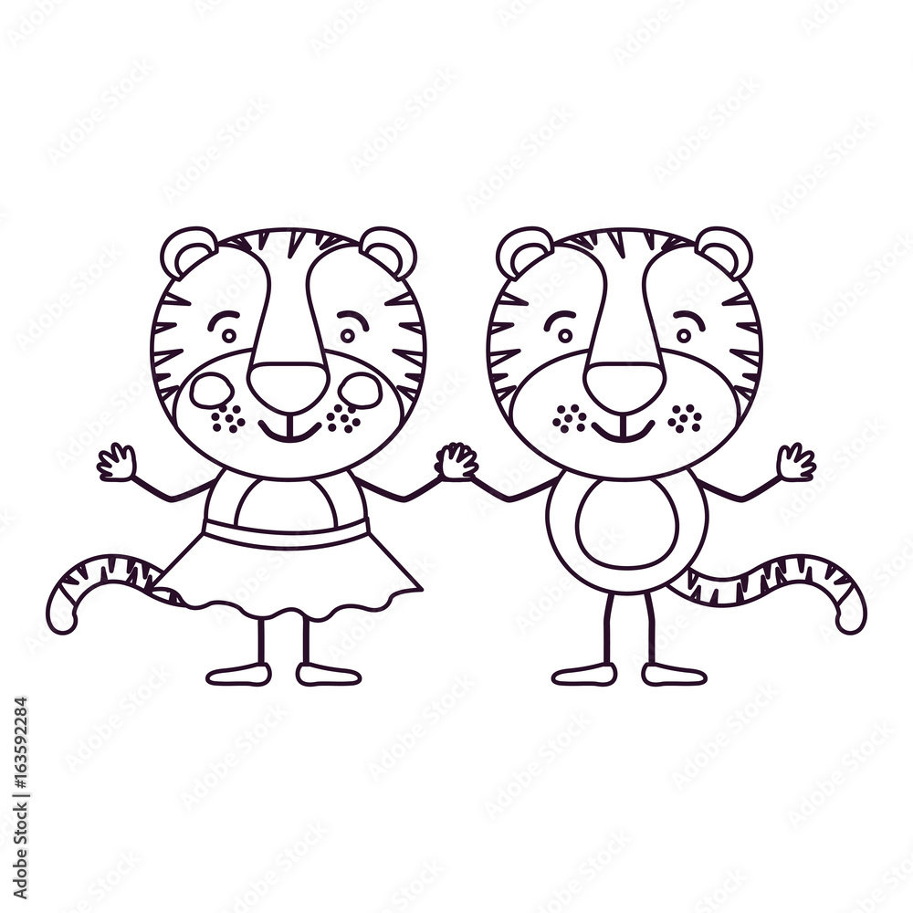 sketch contour caricature with couple of tigers holding hands vector illustration sketch contour caricature with couple of tigers holding hands vector illustration