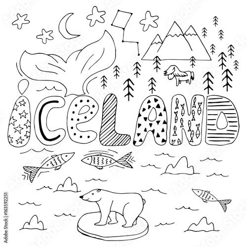 Iceland hand drawn cartoon map. Cute vector illustration with travel landmarks, animals and natural phenomena.