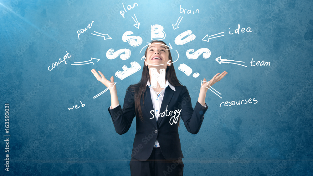 Woman looking up and standing near wall with a business idea sketch drawn on it. Concept of a successful business. Woman looking up and standing near wall with a business idea sketch drawn on it. Concept of a successful business.