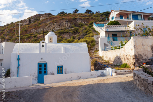 Traditional white church in Klima village. Milos island, Cyclades, Greece.