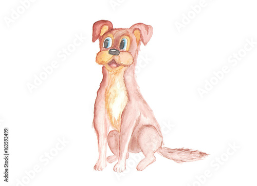 Drawing watercolor. Isolated single object. The dog is sitting. Symbol of the New Year 2018. Cheerful dog sits. Illustration
