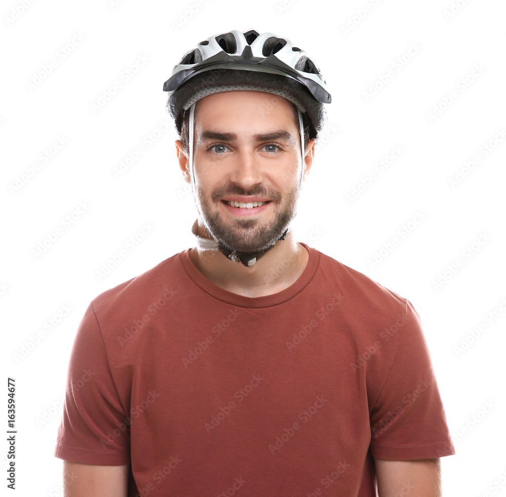 Handsome young bicycle rider with helmet on white background Handsome young bicycle rider with helmet on white background
