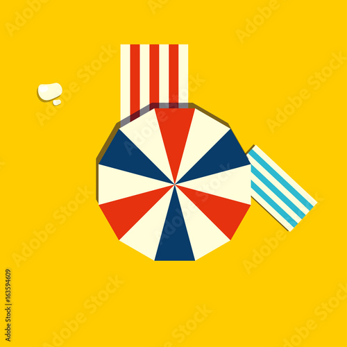 Beach parasol or sun umbrella icon. Top view of a vintage beach umbrella.