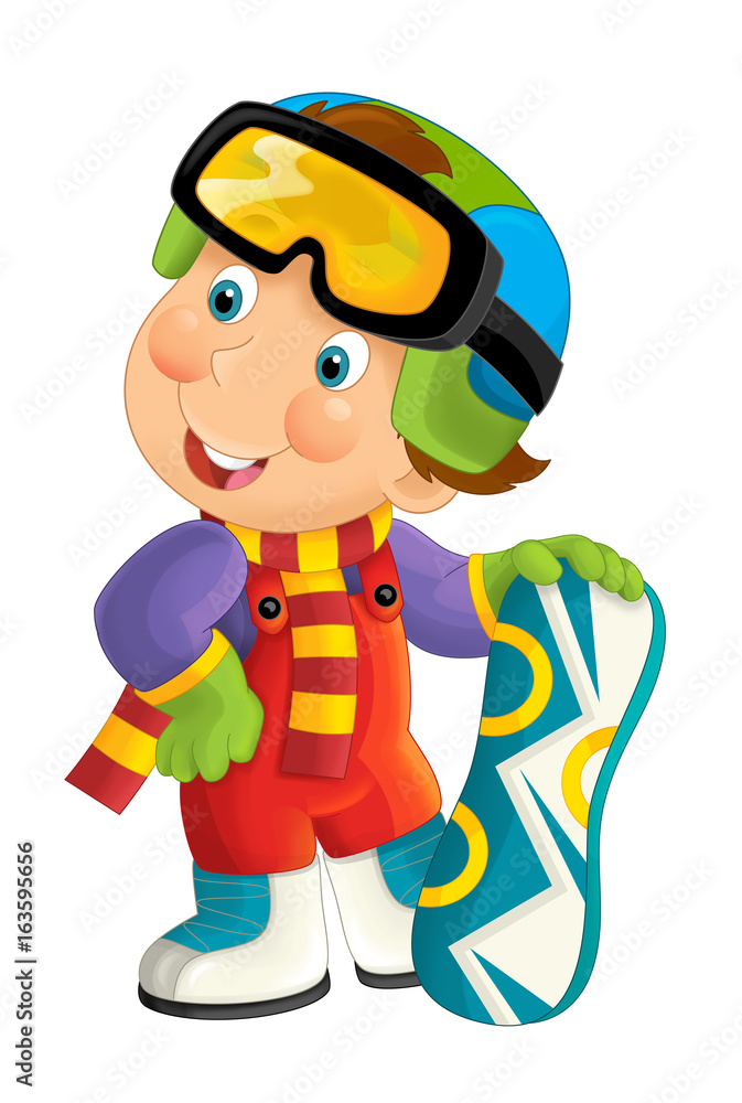 Cartoon snowboarder - boy standing and smiling and watching / isolated illustration for children Cartoon snowboarder - boy standing and smiling and watching / isolated illustration for children