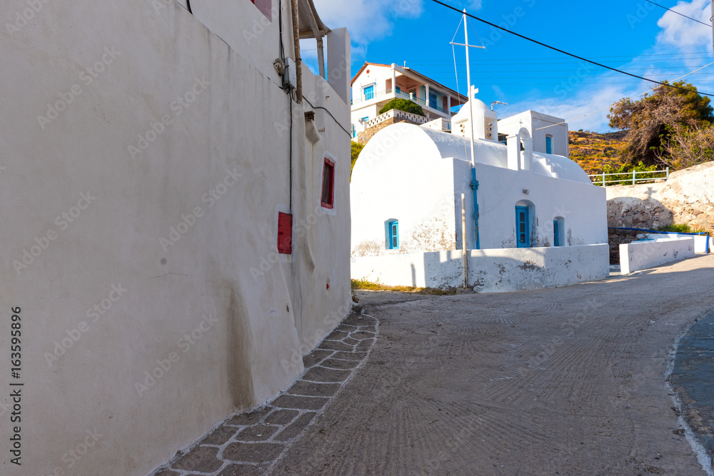 Traditional white church in Klima village. Milos island, Cyclades, Greece.