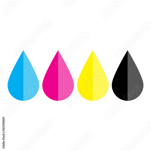 Ink drops in CMYK colors - cyan  magenta  yellow  key. Print design element theme. Simple flat vector illustration.