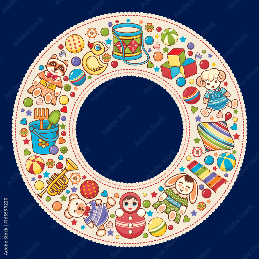 Baby shower. Cartoon style. Invitation card. Colorful template. Round frame.