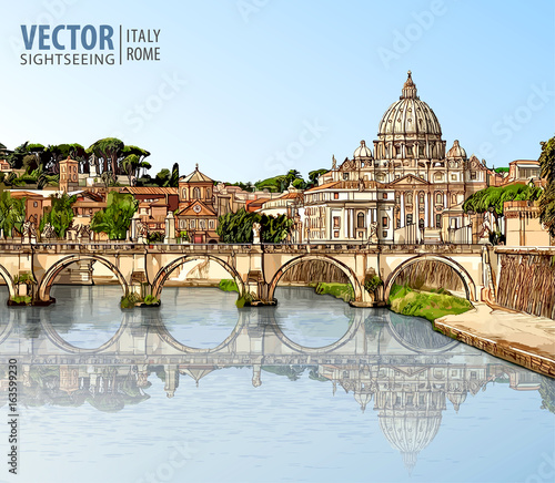 Travel to Italy. View at St. Peter's cathedral in Rome. Tiber River and bridge in sunny day. Architecture and landmark. Landscape. Ancient cityscape. Vector illustration.