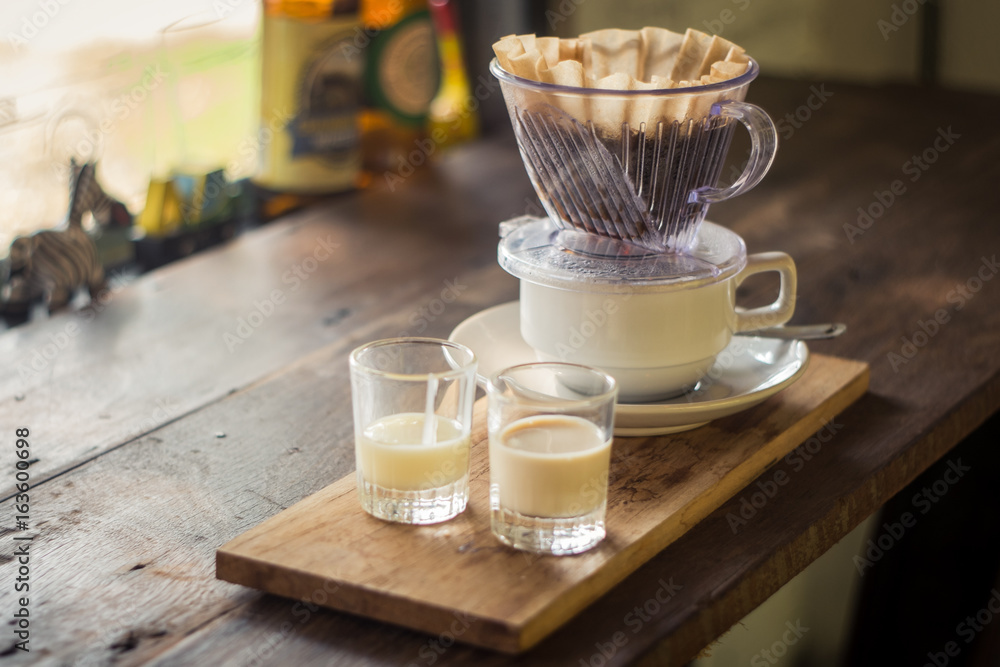 Drift Coffee and milk on wood board Drift Coffee and milk on wood board