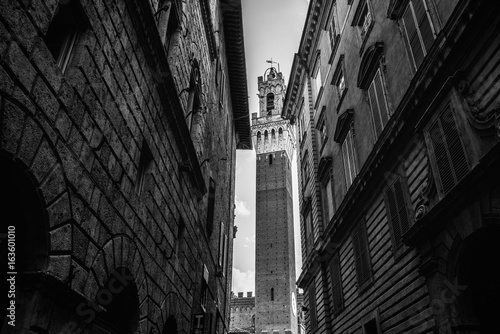 View of the famous Torre del Mangia in Siena, Tuscany, Italy. © Overburn