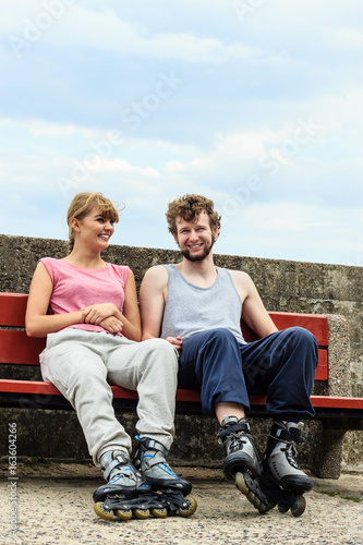 Young people friends relaxing on bench. © anetlanda
