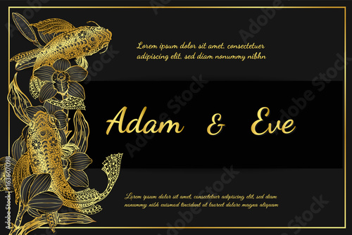 Cymbidium orchids and koi fish card by hand drawing.Flower with japan fish on black background